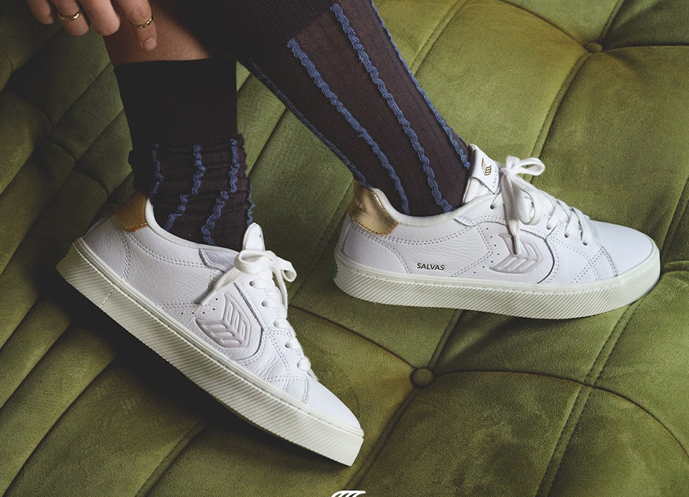 SALVAS White Premium Leather Ice Logo Metallic Gold Sneaker
