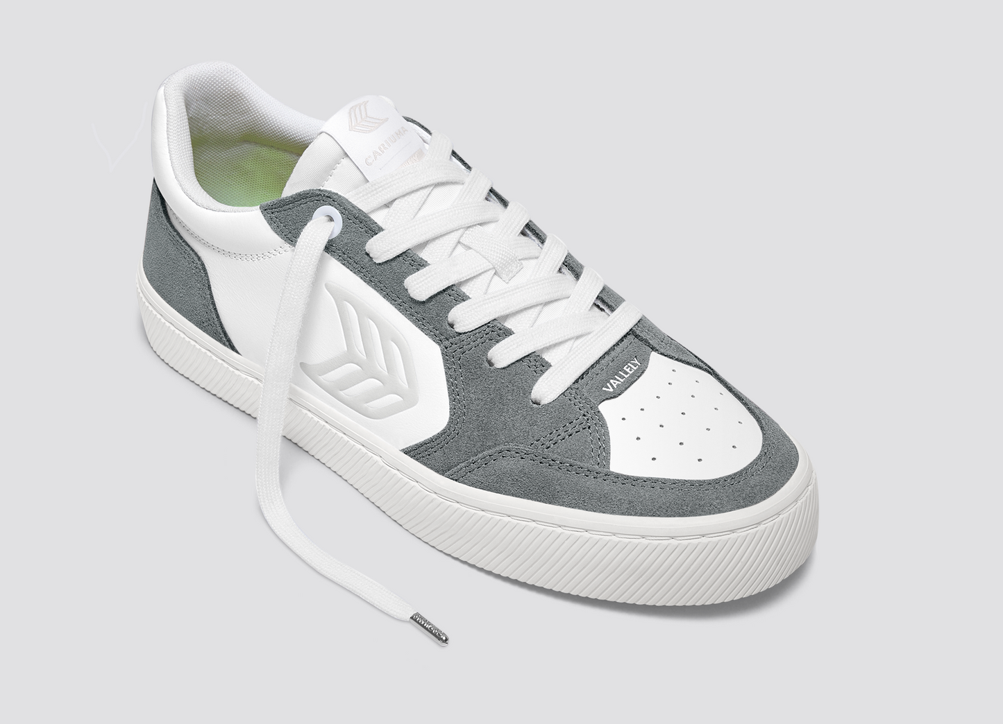 VALLELY White Leather Charcoal Grey Suede Ice Logo Sneaker