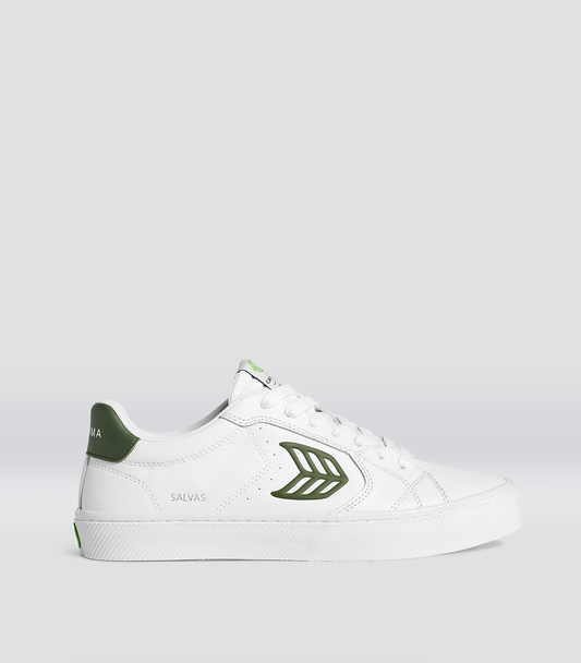 SALVAS White Leather Bronze Green Logo Sneaker