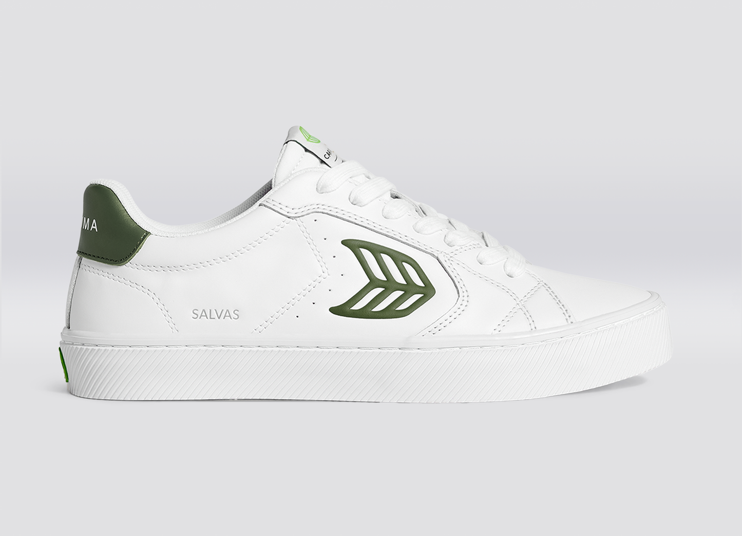 SALVAS White Leather Bronze Green Logo Sneaker