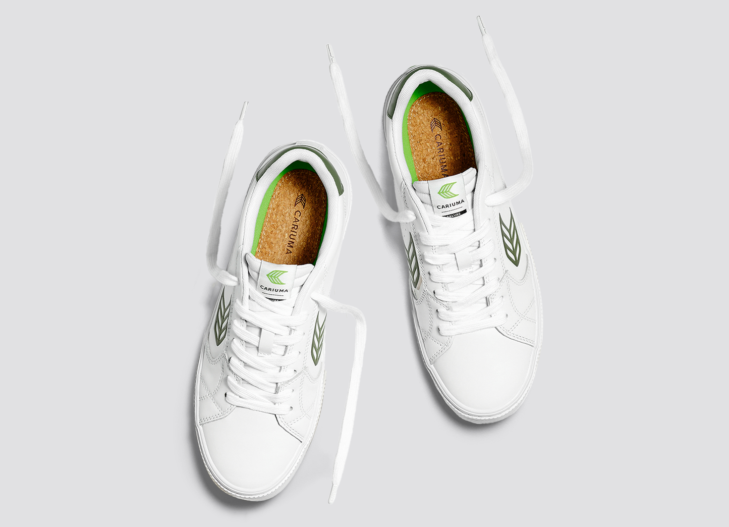 SALVAS White Leather Bronze Green Logo Sneaker