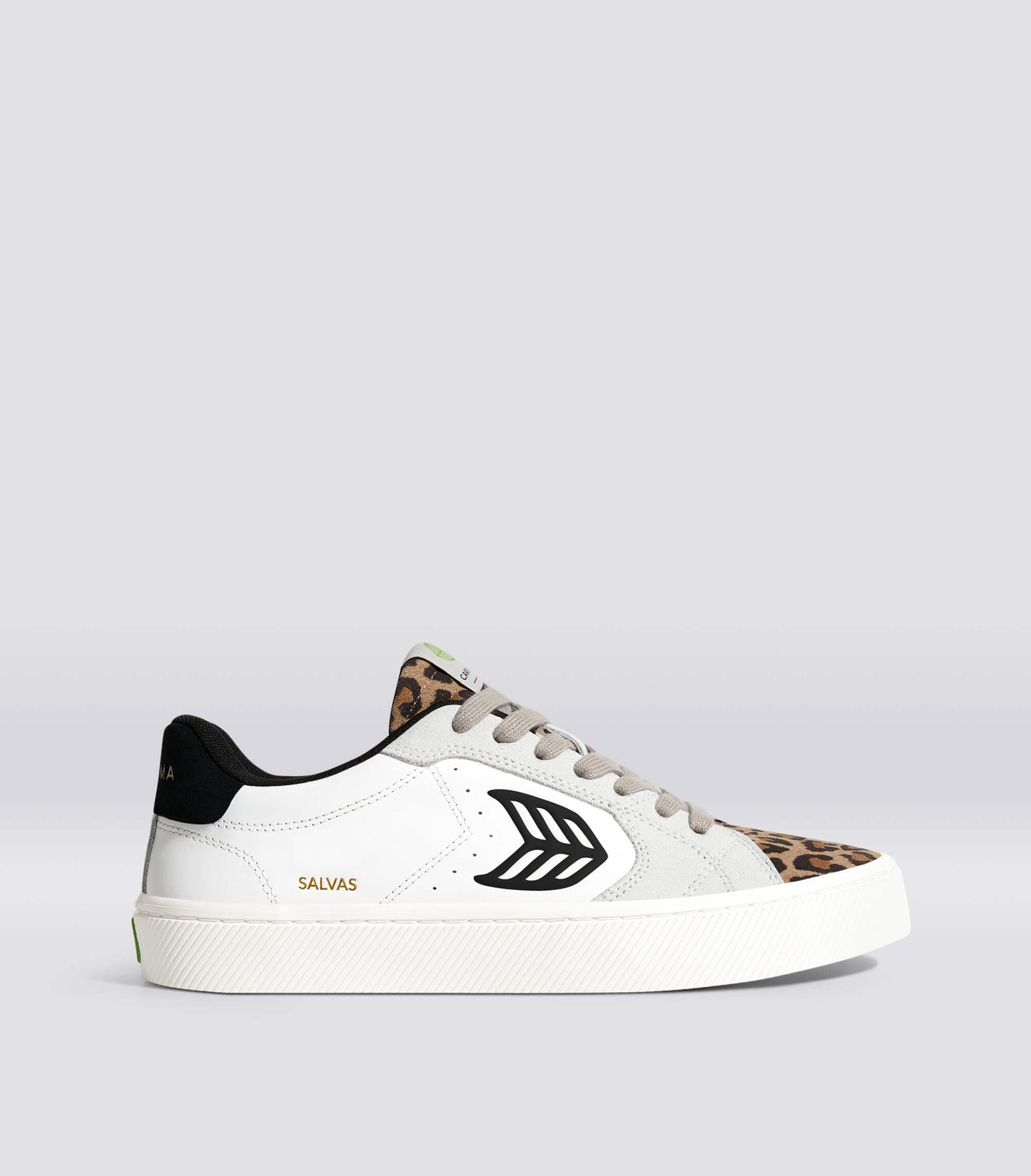 SALVAS White Leather Leopard Print Suede Black Logo Sneaker