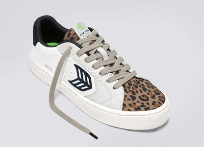 SALVAS White Leather Leopard Print Suede Black Logo Sneaker