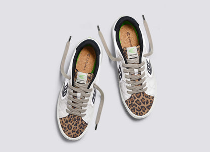 SALVAS White Leather Leopard Print Suede Black Logo Sneaker