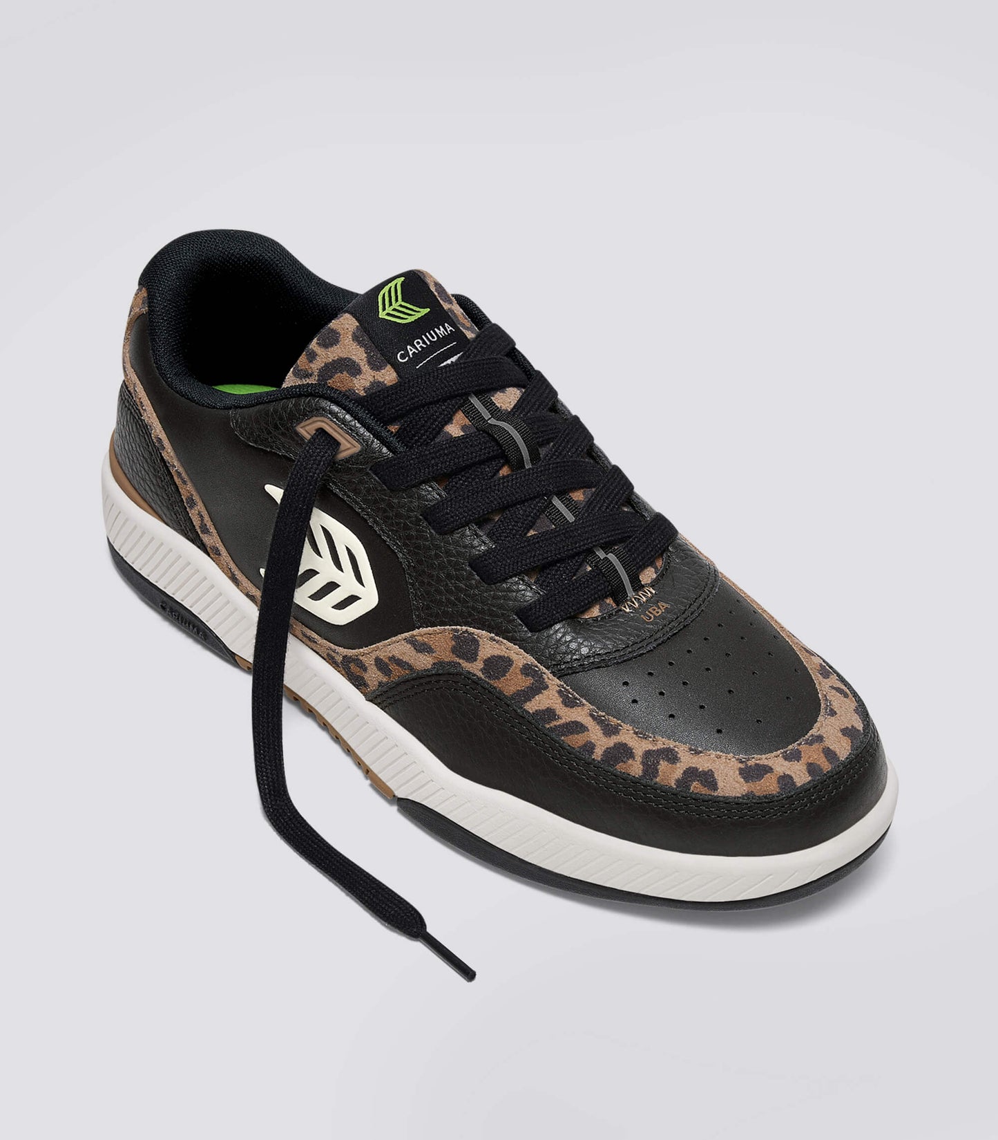 UBA Black Leather Leopard Print Suede Ivory Logo Sneaker