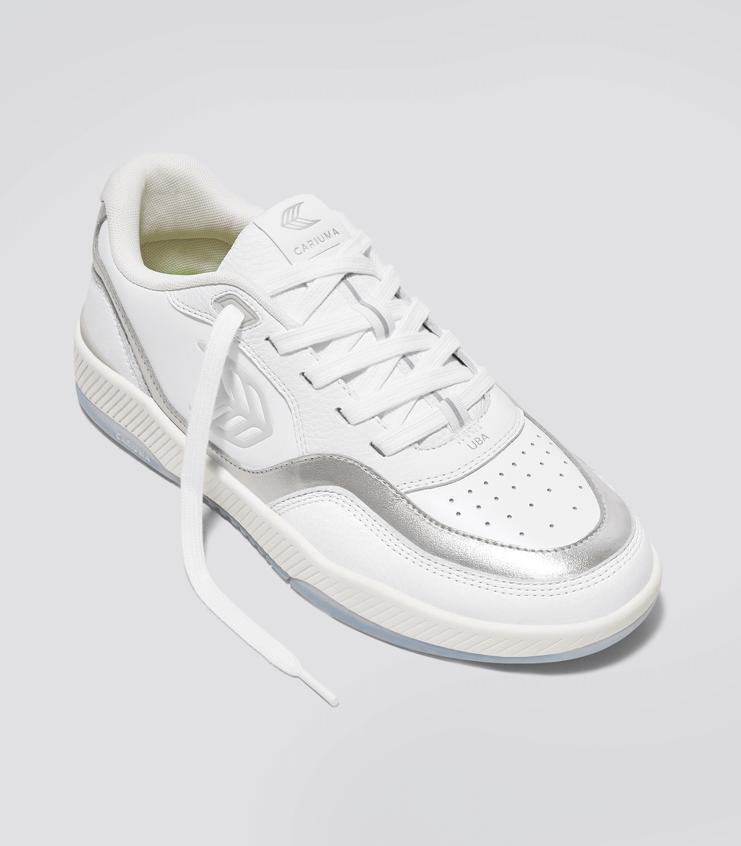 UBA White Leather Metallic Accents Ice Logo Sneaker