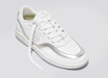 UBA White Leather Metallic Accents Ice Logo Sneaker