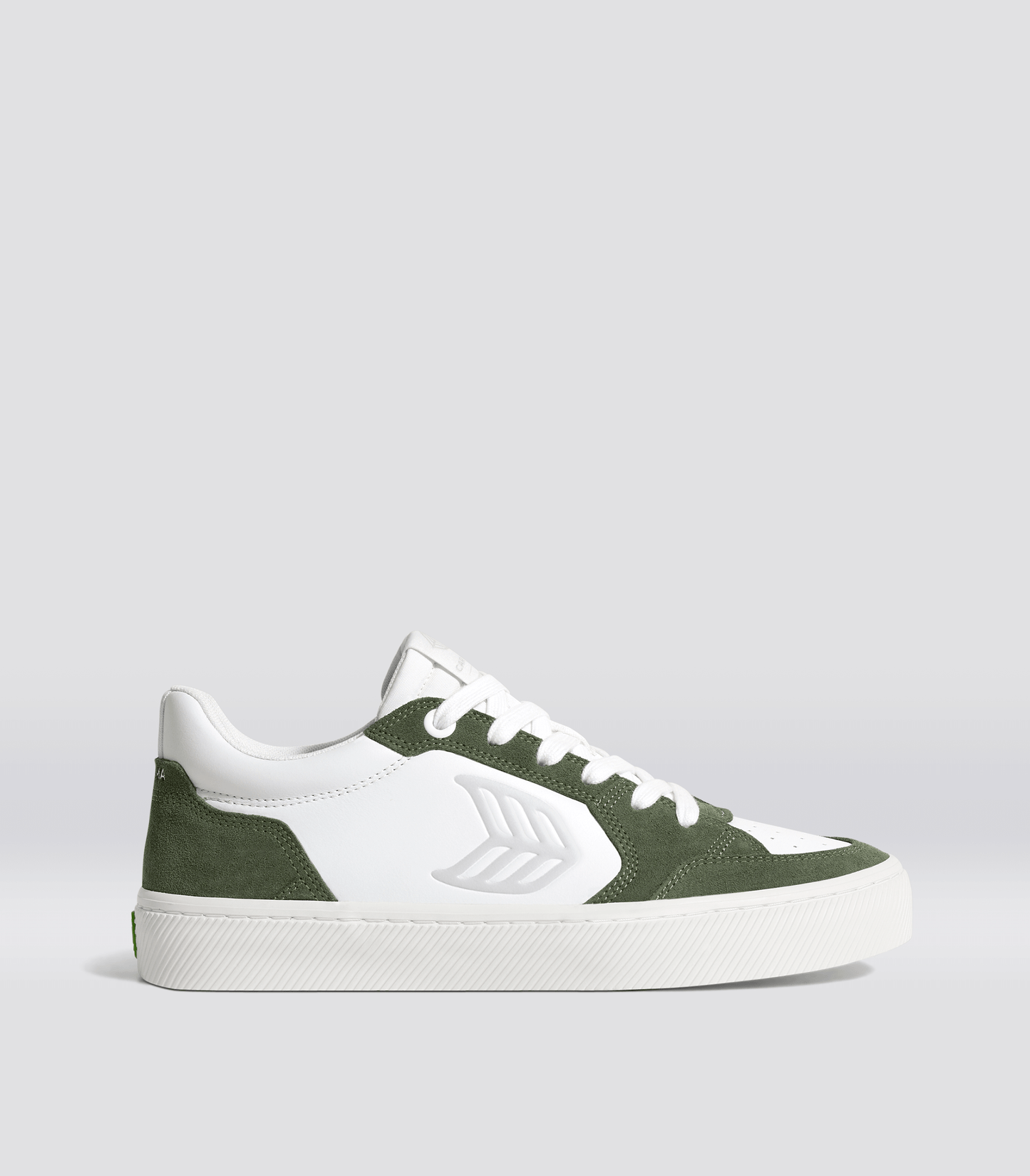 VALLELY White Leather Bronze Green Suede Ice Logo Sneaker