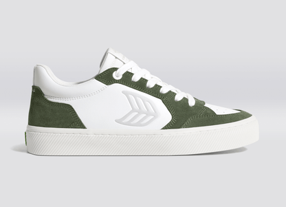 VALLELY White Leather Bronze Green Suede Ice Logo Sneaker