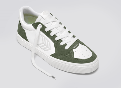 VALLELY White Leather Bronze Green Suede Ice Logo Sneaker