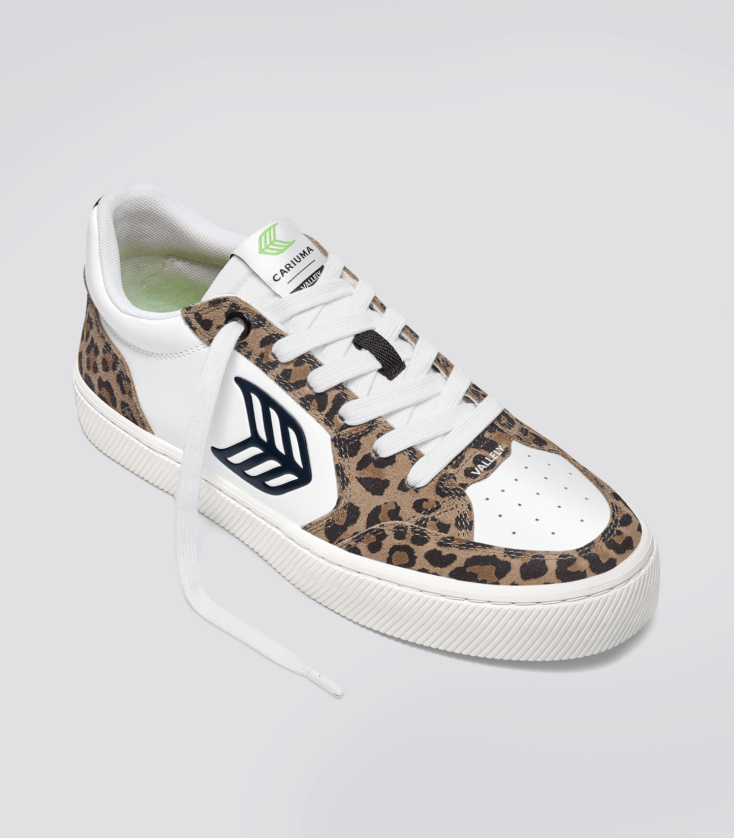 VALLELY White Leather Leopard Print Suede Black Logo Sneaker