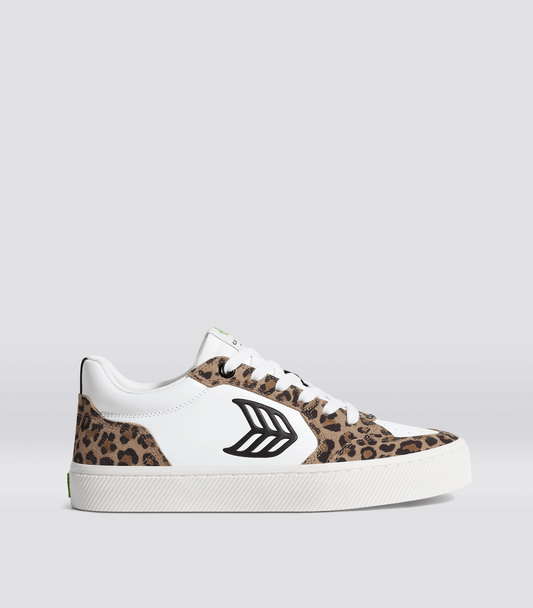 VALLELY White Leather Leopard Print Suede Black Logo Sneaker