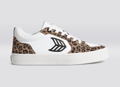 VALLELY White Leather Leopard Print Suede Black Logo Sneaker