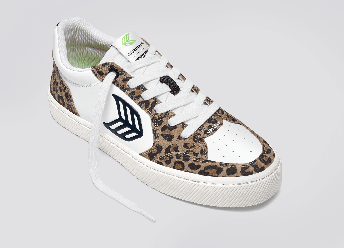 VALLELY White Leather Leopard Print Suede Black Logo Sneaker