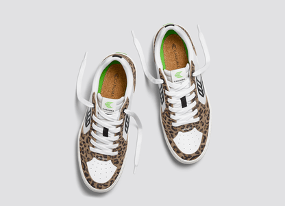 VALLELY White Leather Leopard Print Suede Black Logo Sneaker